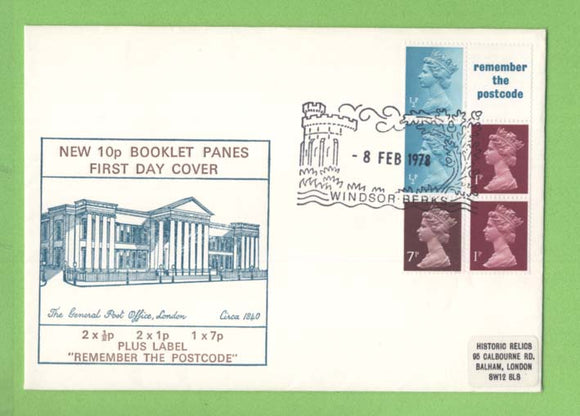 G.B. 1974 10p booklet pane on Historic Relics First Day Cover, Windsor