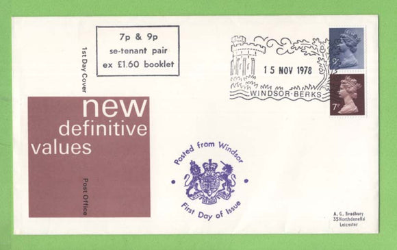 G.B. 1978 7p and 9p se-tenant pair, ex £1.60 booklet First Day Cover, Windsor