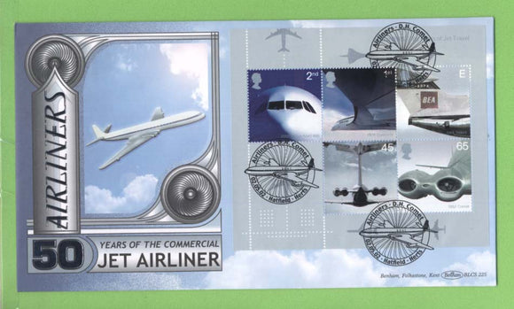 G.B. 2002 Airliners miniature sheet on Benham First Day Cover, Hatfield