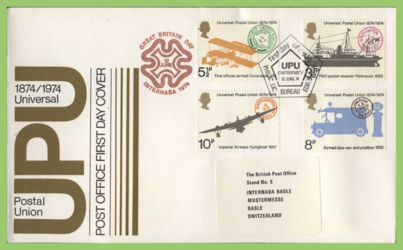 G.B. 1974 UPU set on Post Office First Day Cover, Bureau / Internaba Cachet