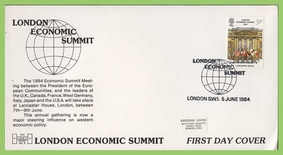 G.B. 1984 London Economic Summit on Havering First Day Cover, London SW1