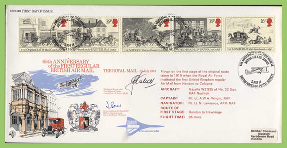 G.B. 1984 Royal Mail Coach set on RAF flown & signed First Day Cover, BFPS 1845