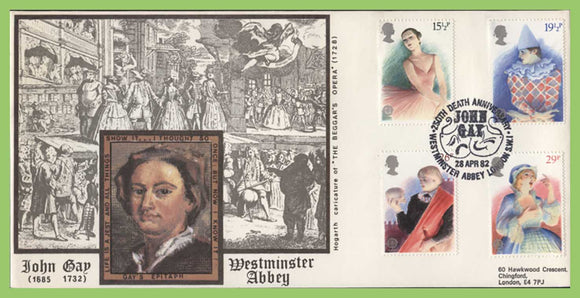 G.B. 1982 British Theatre set on Hawkwood First Day Cover, John Gay, Westminster Abbey