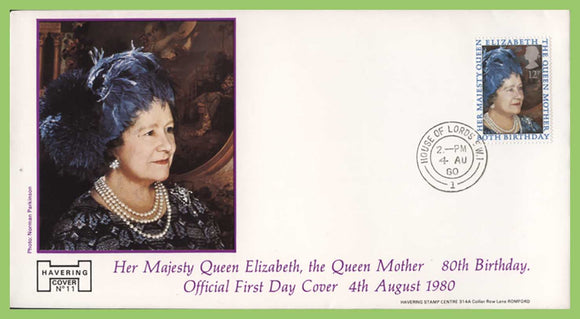G.B. 1980 Queen Mother issue on Havering First Day Cover, House of Lords