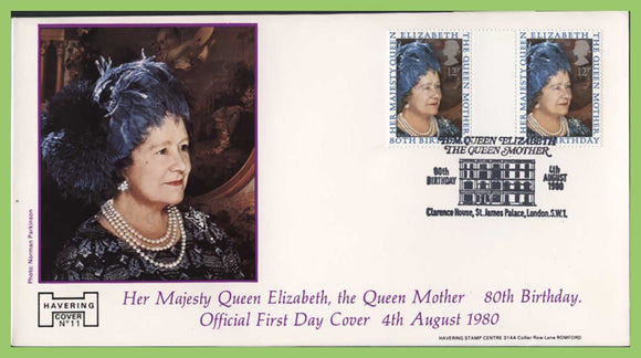 G.B. 1980 Queen Mother Gutter Pair Havering official First Day Cover, Clarence House