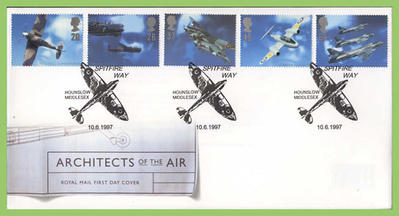 G.B. 1997 Architects of the Air set on u/a Royal Mail First Day Cover, Spitfire Hounslow