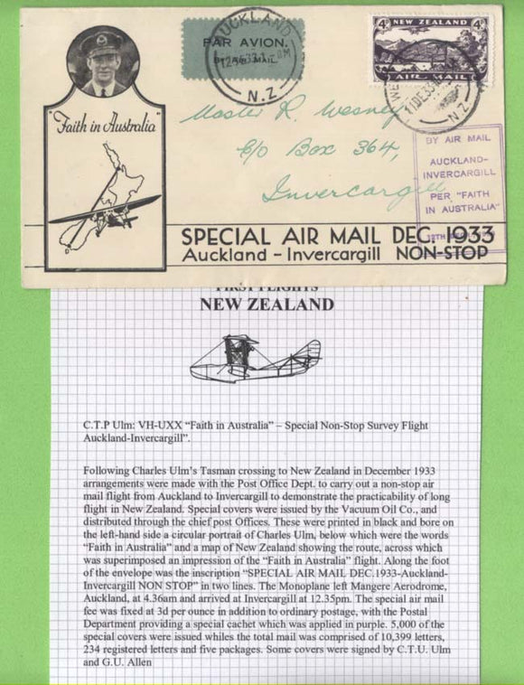 New Zealand 1933 Special Air Mail Auckland - Invercargill cachet cover