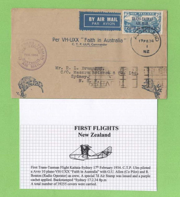 New Zealand 1934 Flight per 'Faith in Australia' cachet cover. Auckland - Sydney