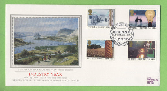 G.B. 1986 Industry Year set on PPS silk First Day Cover, Iron Bridge, Telford