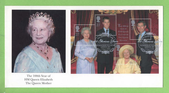 G.B. 2000 Queen Mother miniature sheet on First Day Cover, Buckingham Palace Road