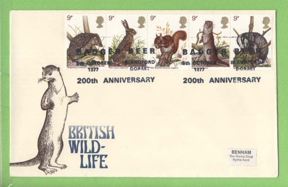 G.B. 1977 British Wildlife set on First Day Cover, Badger Beer, Blandford Dorset