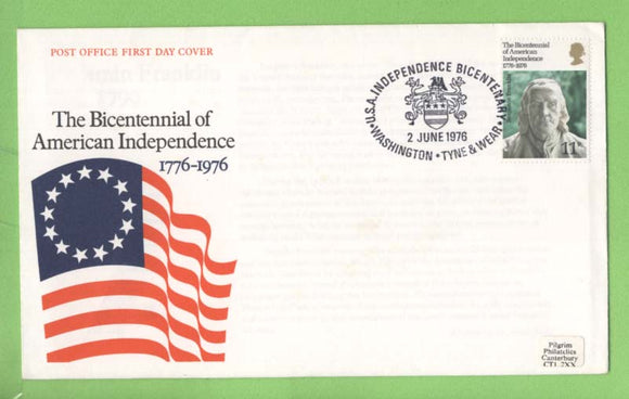 G.B. 1976 American Bicentennial Post Office First Day Cover, Washington, Tyne & Wear