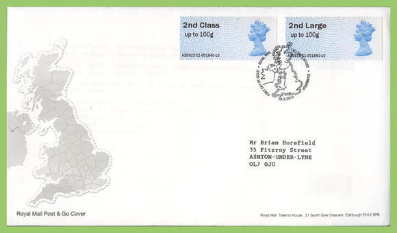 G.B. 2013 Post & Go 2nd class normal and large on Royal Mail First Day Cover, Tallents House