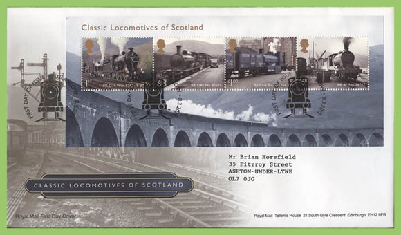 G.B. 2012 Classic Locomotives of Scotland Mini sheet on Royal Mail First Day Cover, Glasgow