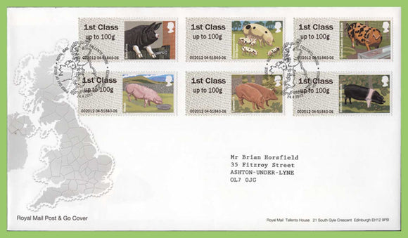 G.B. 2012 Post & Go Pigs set on Royal Mail First Day Cover, Tallents House