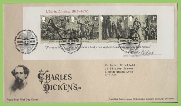 G.B. 2012 Charles Dickens mini sheet on Royal Mail First Day Cover, Tallents House