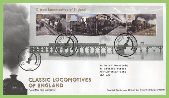 G.B. 2011 Classic Locomotives miniature sheet on Royal Mail First Day Cover, Liverpool
