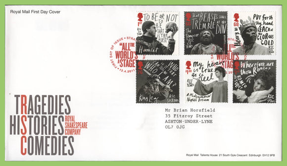 G.B. 2011 Shakespeare set on Royal Mail First Day Cover, Stratford upon Avon