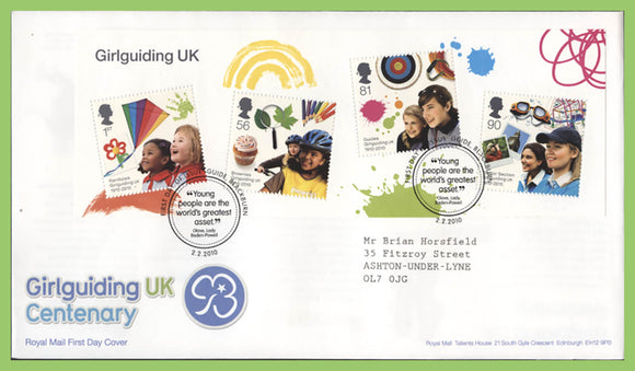 G.B. 2010 Girlguiding Centenary miniature sheet on Royal Mail First Day Cover, Blackburn