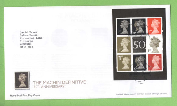 G.B. 2017 50th Anniv of Machin Definitives booklet pane on Royal Mail First Day Cover, High Wycombe