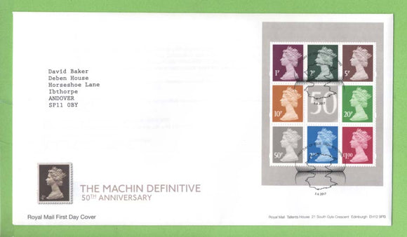 G.B. 2017 50th Anniv of Machin Definitives booklet pane on Royal Mail First Day Cover, High Wycombe