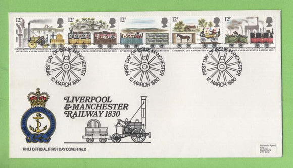 G.B. 1980 Liverpool & Manchester Railway set on RNLI oficial First Day Cover, Manchester