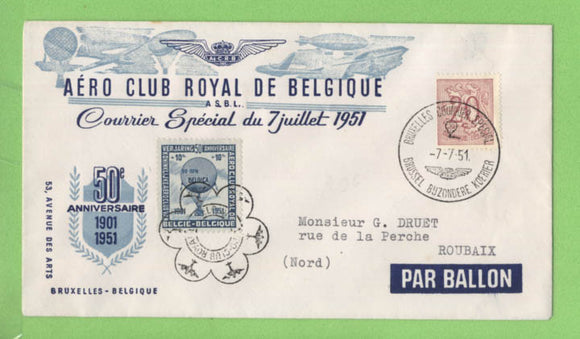 Belgium 1951 Aero Club Balloon cover with tied semie postal label