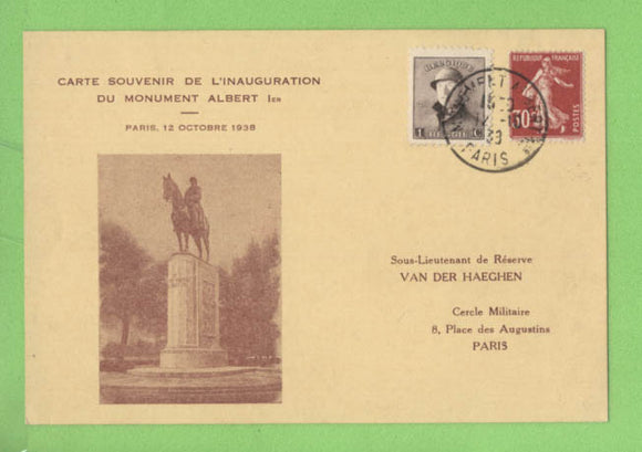 France/ Belgium 1938 Souvenir card, Inauguration of the Albert Monument