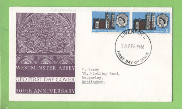 G.B. 1966 Westminster Abbey 3d phopshor pair on GPO First Day Cover, Liverpool