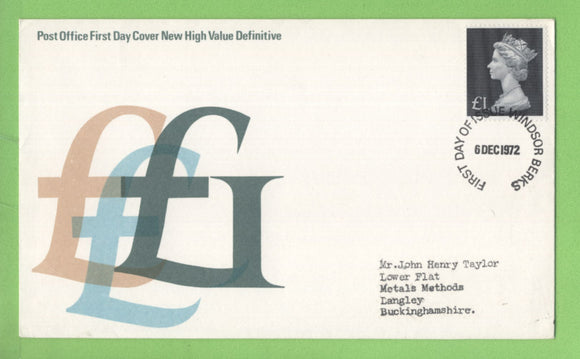 G.B. 1972 £1 redrawn definitive on Post Office First Day Cover, Windsor