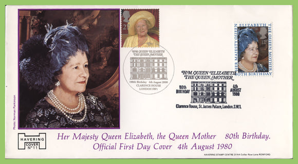 G.B. 1980/2000 Double date Queen Mother Birthday Havering First Day Cover