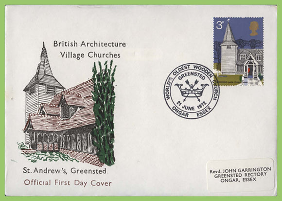 G.B. 1972 3p Churches on Official St Andrew's Greensted First Day Cover
