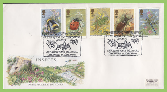 G.B. 1985 Insects set on Royal Mail First Day Cover, Meadowbank, Cheshire