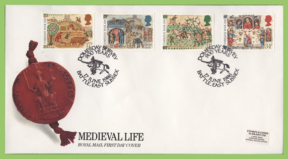 G.B. 1986 Medieval Life set on Royal Mail First Day Cover, Battle, East Sussex