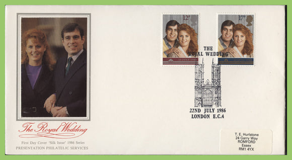 G.B. 1986 Royal Wedding set on PPS silk First Day Cover, London EC4