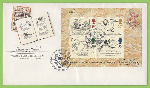 G.B. 1988 Edward Lear mini sheet on u/a Royal Mail First Day Cover, Knowsley Liverpool