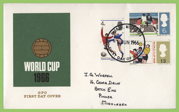 G.B. 1966 Football World Cup set on GPO First Day Cover, Harrow