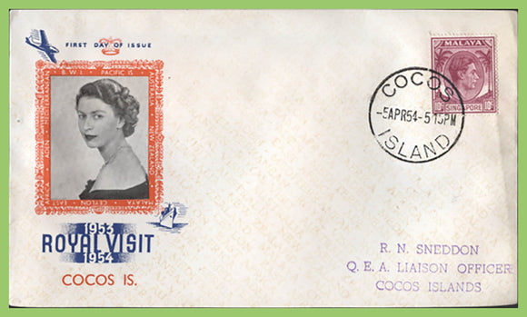 Cocos (Keeling Island 1954 10c KGVI (Singapore) on QEII Royal Visit cover