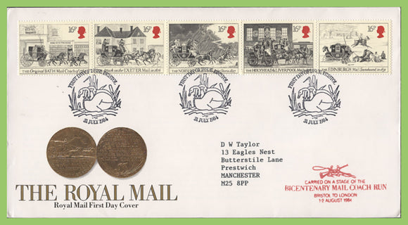 G.B. 1984 Royal Mail Coach set on Royal Mail First Day Cover, Bristol + Coach cachet
