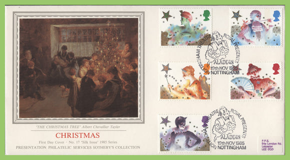 G,B. 1985 Christmas set on PPS silk First Day Cover, Aladdin, Nottingham