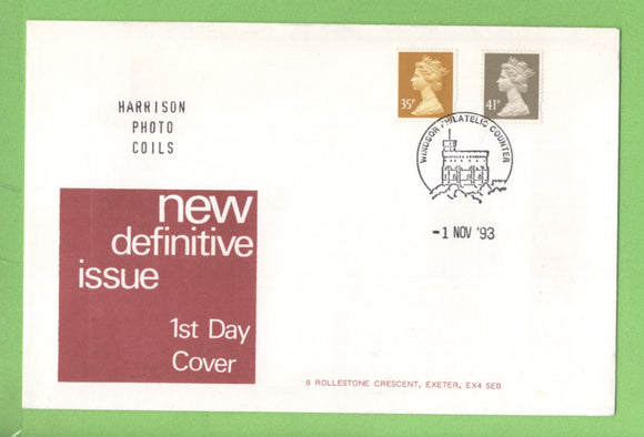 G.B. 1993 Harrison 35p & 41p Coils on First Day Cover, Windsor