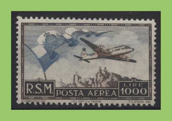 San Marino 1951 1000L Air, Flag, Douglas DC-6 Airliner and Mt. Titano stamp UM. MNH