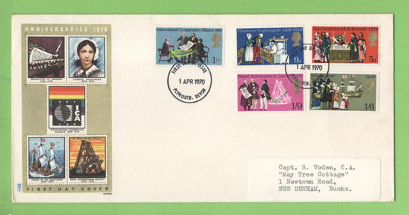 G.B. 1970 Anniversaries set on Post office First Day Cover, Plymouth