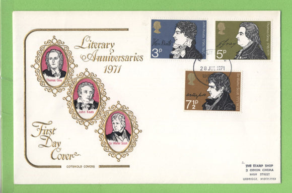 G.B. 1971 Literary Anniversaries set on Cotswold First Day Cover, Uxbridge