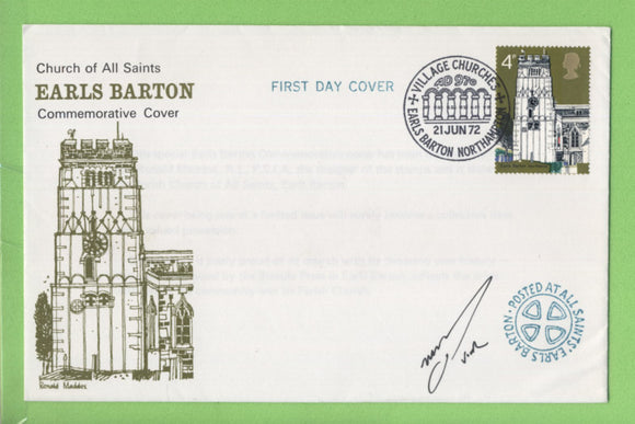 G.B. 1972 4p Churches on Earls Barton First Day Cover, Signed by the Vicar