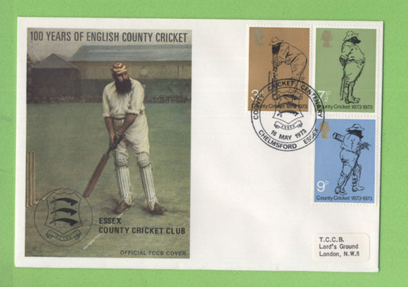 G.B. 1973 Cricket set on TCCB official First Day Cover, Chelmsford