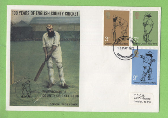 G.B. 1973 Cricket set on TCCB official First Day Cover, Birmingham