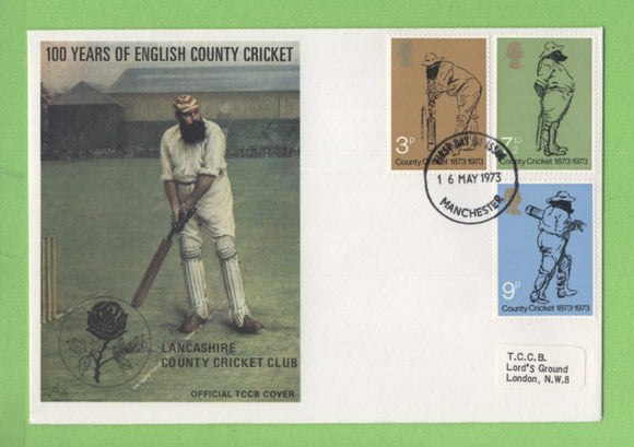 G.B. 1973 Cricket set on TCCB official First Day Cover, Manchester