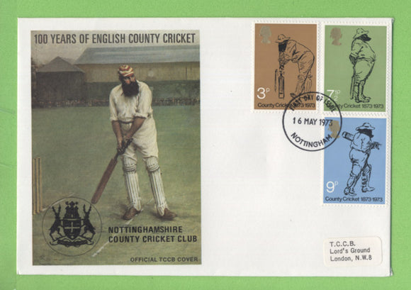 G.B. 1973 Cricket set on TCCB official First Day Cover, Nottingham