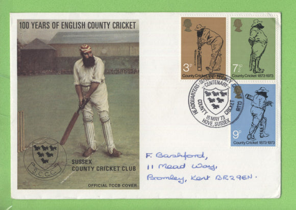 G.B. 1973 Cricket set on TCCB official First Day Cover, Hove Sussex (hand written)